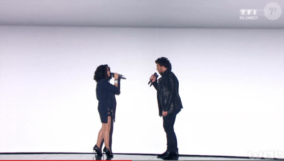Jenifer, enceinte, lors de la grande finale de The Voice 3, le 10 mai 2014 sur TF1.