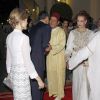 Felipe VI et Letizia d'Espagne accueillis par Mohammed VI et Lalla Salma du Maroc, , lors de l'iftar offert le 14 juillet 2014 au palais royal à Rabat par le souverain marocain pour la visite inaugurale du coupe royal ibérique.