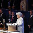 La reine Elisabeth II d'Angleterre - La famille royale anglaise assiste à l'ouverture des XXèmes Jeux du Commonwealth au Celtic Park à Glasgow, le 23 juillet 2014.  Her Majesty The Queen, Head of the Commonwealth, accompanied by His Royal Highness The Duke of Edinburgh, opens the XX Commonwealth Games in Glasgow, on July 23, 2014. The opening ceremony at Celtic Park is also attended by Their Royal Highnesses The Prince of Wales and Duchess of Cornwall and The Earl and Countess of Wessex. Rod Stewart performed at the opening ceremony. Also attending, Ed Milliband, Pamela Stephenson, Billy Connolly.23/07/2014 - Glasgow