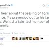 Allyson Felix, touchée par la mort de Torrin Lawrence le 28 juillet 2014, lui a rendu hommage sur son compte Twitter