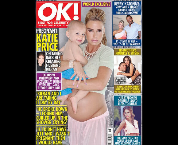 Katie Price, enceinte en couverture du magazine anglais OK!, daté d'août 2014.