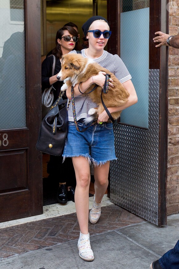Miley Cyrus dans les rues de New York avec son chien Emu, le 4 août 2014.