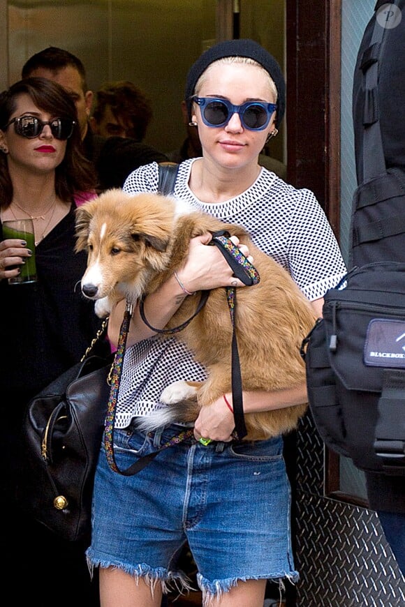 Miley Cyrus avec son chien Emu dans les rues de New York, le 4 août 2014.