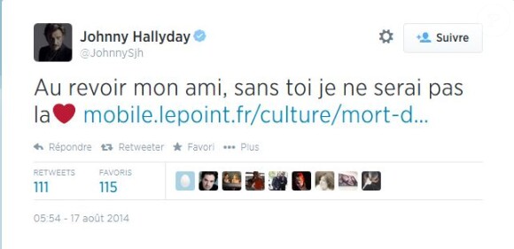 Johnny Hallyday a rendu hommage à Jacques Wolfsohn, le 17 août 2014 sur Twitter.