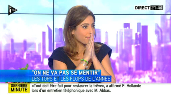 La journaliste Léa Salamé fait ses adieux à ses chroniqueurs et aux téléspectateurs de "On ne va pas se mentir" sur i-Télé. Jeudi 10 juillet 2014.