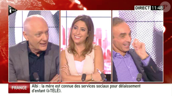 La charmante Léa Salamé a dit au revoir à ses polémistes de "Ça se dispute", Eric Zemmour et Nicolas Domenach. Sur i-TELE, samedi 5 juillet 2014.