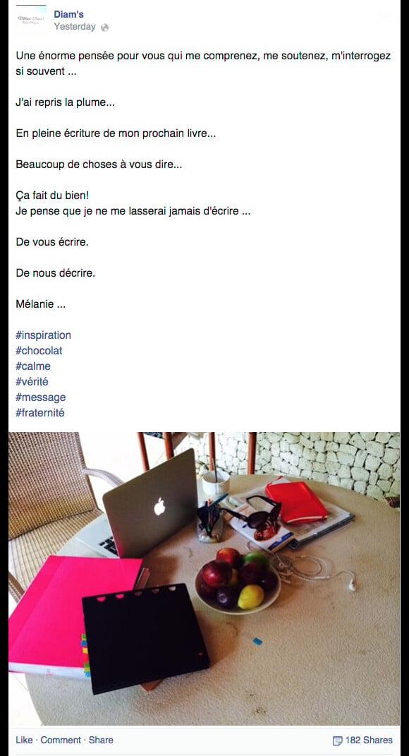 Mélanie Georgiades, alias Diam's, écrit à ses fans sur son compte Facebook officiel, septembre 2014.