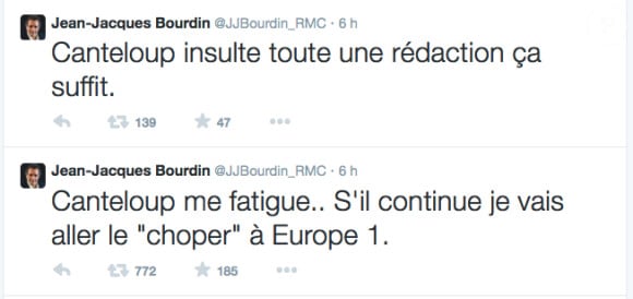 Jean-Jacques Bourdin a menacé Nicolas Canteloup sur son compte Twitter. Le 10 septembre 2014.