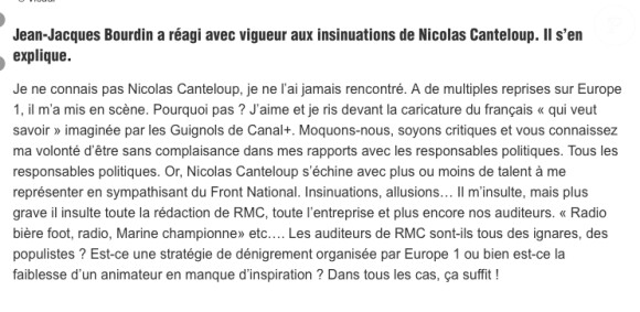 Lettre de Jean-Jacques Bourdin concernant Nicolas Canteloup publiée sur le site de RMC ce midi. Le 10 septembre 2014.