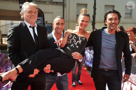 Gilbert Rozon, Guiliano Peparini, Lorie et Olivier Sitruk. Le jury de "La France a un incroyable talent" arrive au Théâtre André Malraux de Rueil-Malmaison pour le début des auditions. Le 8 septembre 2014.