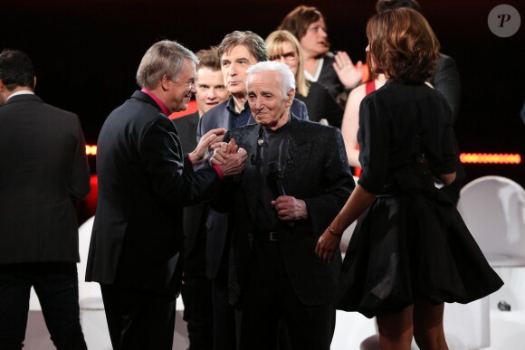 Exclusif - Salvatore Adamo, Serge Lama, Charles Aznavour et Virginie Guilhaume - Enregistrement de l'émission "Hier Encore" avec Charles Aznavour à l'Olympia le 20 mai 2014.