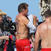 David Hasselhoff sur le plateau de tournage de Celebrity Death Pool aux côtés de Jon Lovitz et Ken Jeong à Venice Beach, le 23 septembre 2014