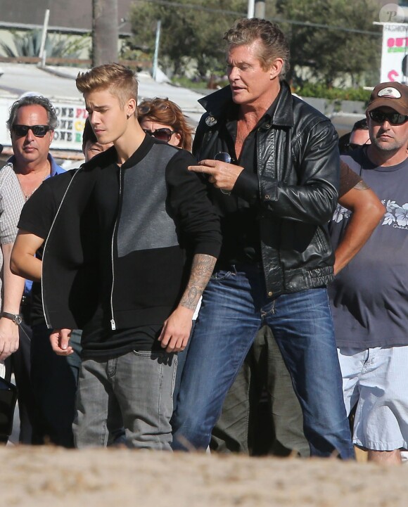 David Hasselhoff et Justin Bieber dans un remake de K 2000 pour un projet vidéo secret, à Venice Beach, le 23 septembre 2014