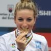 Pauline Ferrand-Prevot sur la plus haute marche du podium après avoir été sacrée championne du monde de cyclisme sur route, le 27 septembre 2014 à Ponteferrada, en Espagne