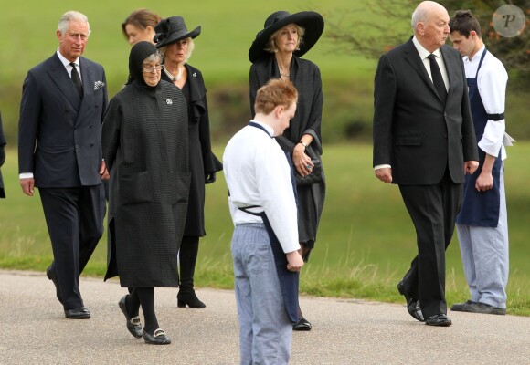 Le prince Charles et Camilla Parker Bowles assistaient aux funérailles de leur amie Deborah Cavendish, née Mitford, duchesse douairière du Devonshire, le 2 octobre 2014 à Chatsworth.