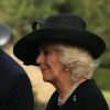 Camilla Parker Bowles aux funérailles de Deborah Cavendish, née Mitford, duchesse douairière du Devonshire, le 2 octobre 2014 à Chatsworth.