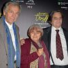 Constantin Costa-Gavras, Agnès Varda, Jean-Pierre Léaud lors de la visite privée de l'exposition François Truffaut à la Cinémathèque de Paris, le 6 octobre 2014.