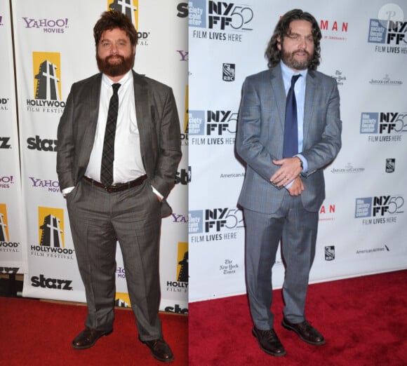 Zach Galifianakis le 26 octobre 2010 lors des Hollywood Awards et le 11 octobre 2014 lors du New York Film Festival (photomontage)