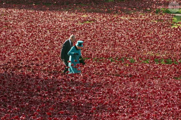 La reine Elizabeth II et son mari le duc d'Edimbourg visitaient le 16 octobre 2014 à la Tour de Londres l'installation baptisée "Blood Swept Lands and Seas of Red" de l'artiste Paul Cummins, hommage aux soldats morts lors de la Première Guerre mondiale qui sera achevé pour le 11 novembre, commémoration de l'Armistice.