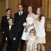 Exclusif - Emilie Dequenne, sa fille Milla, 12 ans, son époux Michel Ferracci, et ses deux fils Enzo, 13 ans, et Maël, 8 ans - Mariage de Michel Ferracci et Emilie Dequenne à la mairie du 10ème arrondissement, le samedi 11 octobre 2014 à Paris.