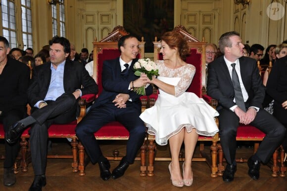 Exclusif - Emilie Dequenne, son époux Michel Ferracci, et leurs témoins - Mariage de Michel Ferracci et Emilie Dequenne à la mairie du 10e arrondissement, le samedi 11 octobre 2014 à Paris.
