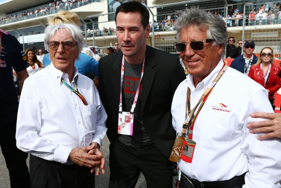 Bernie Ecclestone, Mario Andretti et Keanu Reeves dans le paddock du Grand Prix des Etats-Unis à Austin, le 2 novembre 2014
