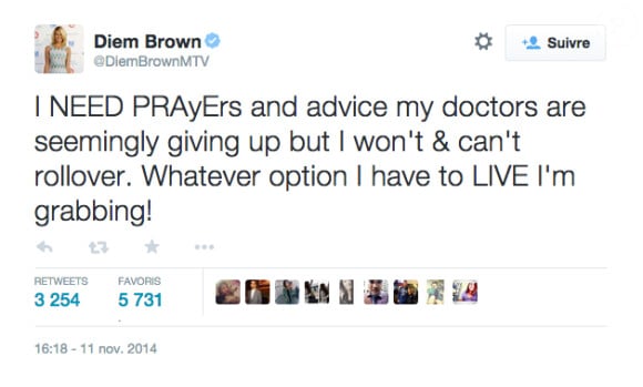 Dernier tweet de Diem Brown avant sa mort le 14 novembre 2014. 