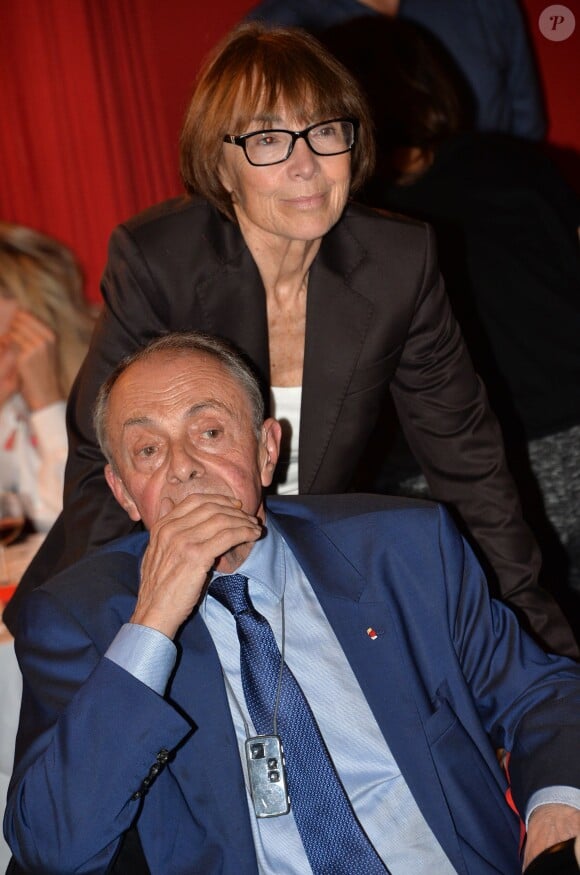 Michel Rocard et sa femme Sylvie - Dîner en l'honneur de Jean-Paul Belmondo durant la Guinguette de Régine au Chalet La Bodega à Paris, le 14 novembre 2014.