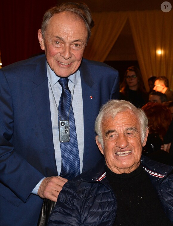 Michel Rocard et Jean-Paul Belmondo - Dîner en l'honneur de Jean-Paul Belmondo durant la Guinguette de Régine au Chalet La Bodega à Paris, le 14 novembre 2014.