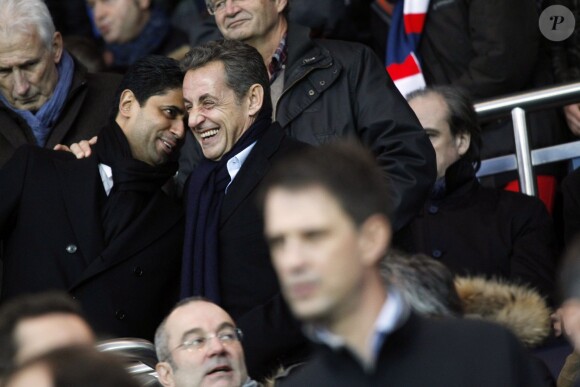 Nasser Al-Khelaïfi et Nicolas Sarkozy au Parc des Princes lors de PSG-Nice (1-0) le 29 novembre 2014. 