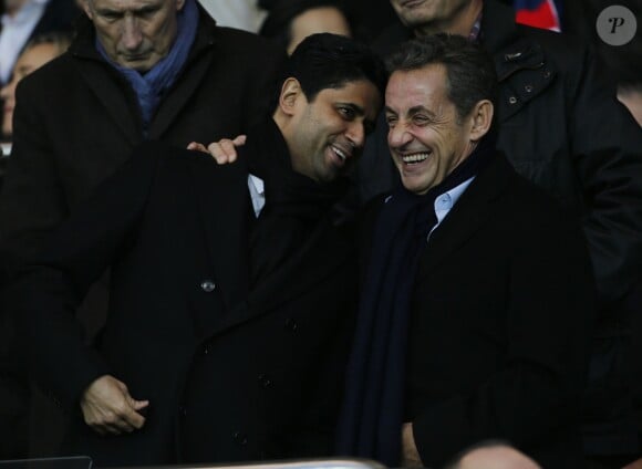 Nasser Al-Khelaïfi et Nicolas Sarkozy complices au Parc des Princes lors de PSG-Nice (1-0) le 29 novembre 2014.