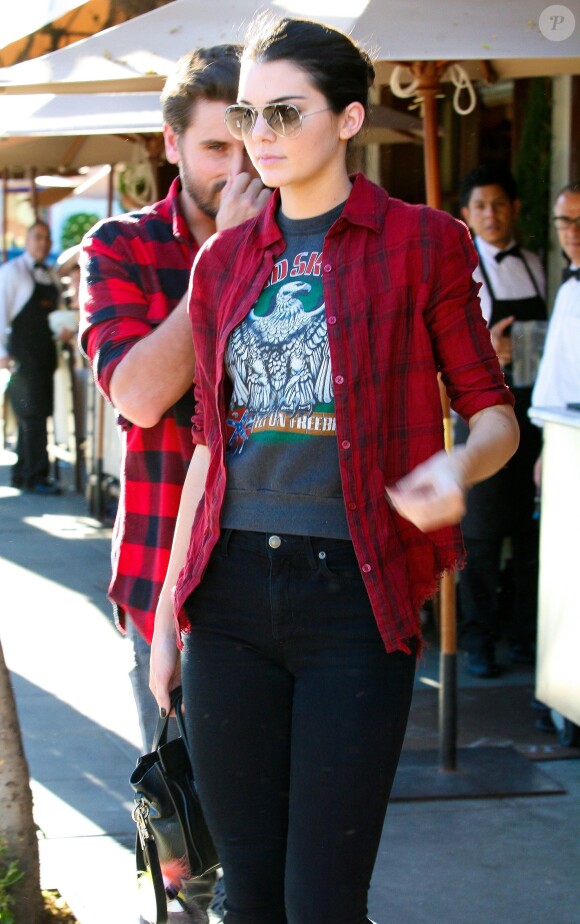 Kendall Jenner and Scott Disick make their way to Il Pastaio for lunch and were dressed alike wearing matching plaid shirts with a grey shirt and jeans in Los Angeles, CA, USA on November 25, 2014. After their meal, the reality stars headed over to Scott's Bugatti EB and at one point got upset as a valet driver accidentally fell on his car. Photo by GSI/ABACAPRESS.COM26/11/2014 - Los Angeles