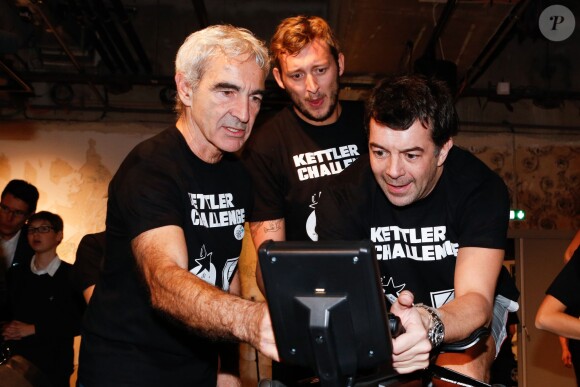 Raymond Domenech, Amaury Leveaux, Stéphane Plaza lors du Kettler Challenge au profit de l'association "L'étoile de Martin" à l'hôtel Molitor à Paris, le 1er décembre 2014