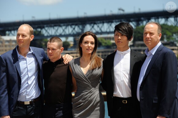 Geoff Evans, Jack O'Connell, Angelina Jolie, Miyavi Ishihara et Matthew Baer - Photocall du film "Invincible" à Sydney en Australie le 18 novembre 2014