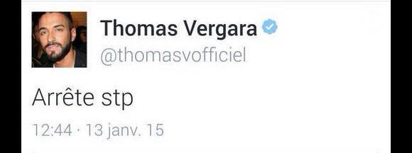 Le tweet de Thomas Vergara le 13 janvier 2015 à l'attention de Nabilla : "Arrete stp"