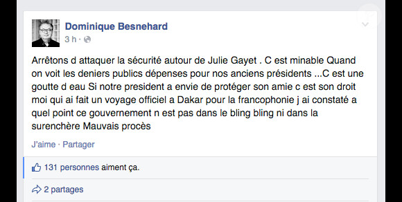Dominique Besnehard défend Julie Gayet sur Facebook.