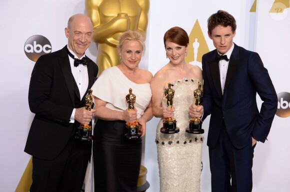 J.K. Simmons, Patricia Arquette, Julianne Moore et Eddie Redmayne - Press Room lors de la 87e cérémonie des Oscars à Hollywood, le 22 février 2015.