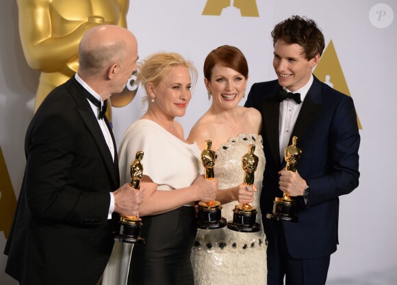 J.K. Simmons, Patricia Arquette, Julianne Moore et Eddie Redmayne - Press Room lors de la 87ème cérémonie des Oscars à Hollywood, le 22 février 2015.