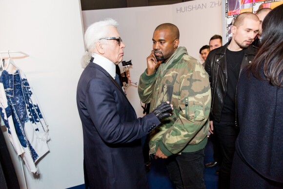 Karl Lagerfeld et Kanye West au showroom des prétendants au LVMH Prize, avenue Montaigne. Paris, le 4 mars 2015.