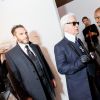Sebastien Jondeau, Karl Lagerfeld et Kanye West au showroom des prétendants au LVMH Prize, avenue Montaigne. Paris, le 4 mars 2015.