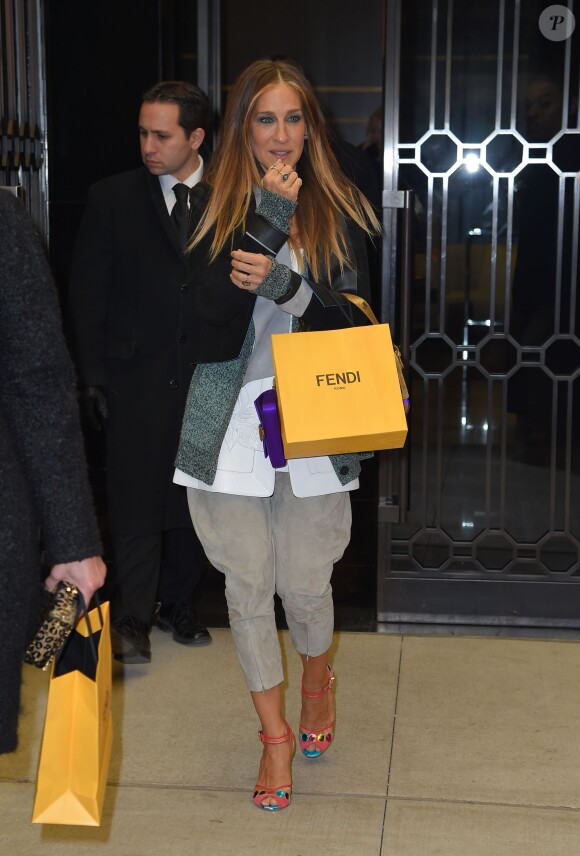 Sarah Jessica Parker à la sortie de l'inauguration de la boutique Fendi à New York, le 13 février 2015.