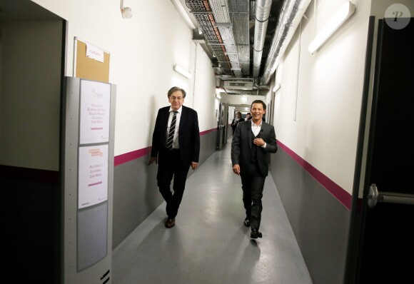 Exclusif - Alain Finkielkraut et Marc-Olivier Fogiel, sur le tournage de l'émission Le Divan, enregistrée le vendredi 13 mars 2015, et diffusée le 24 mars 2015, sur France 3.