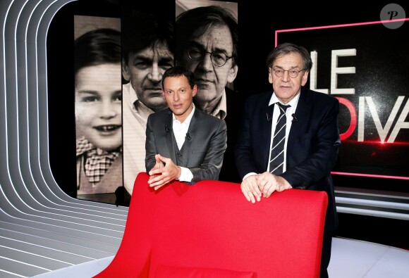 Exclusif - Alain Finkielkraut et Marc-Olivier Fogiel, sur le tournage de l'émission Le Divan, enregistrée le vendredi 13 mars 2015, et diffusée le 24 mars 2015, sur France 3.