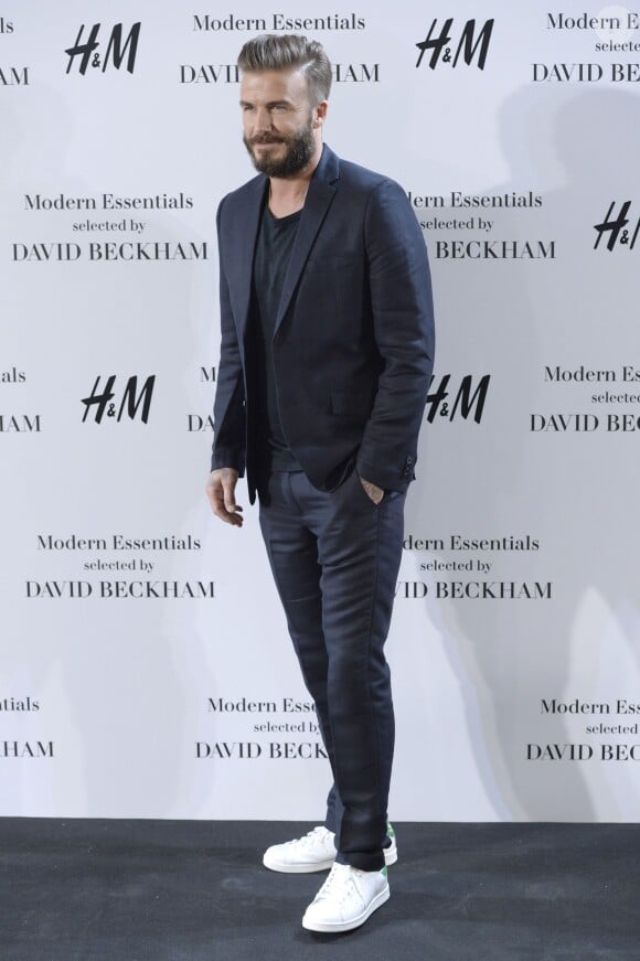 David Beckham assiste au lancement de la collection Modern Essentials d'H&M au magasin de la marque, sur la rue Gran Vía à Madrid. Le 20 mars 2015.