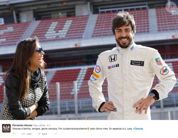Fernando Alonso remercie sa belle Lara Alvarez sur Twitter le 26 mars 2015.