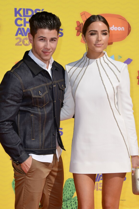 Nick Jonas et Olivia Culpo assistent à la 28e édition des Kids Choice Awards, au Forum. Inglewood, Los Angeles, le 28 mars 2015.