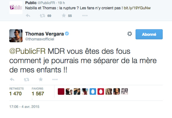 Thomas Vergara a réagi sur Twitter aux rumeurs concernant sa séparation avec Nabilla. Il en a profité pour lui faire une belle déclaration d'amour. Le 5 avril 2015.