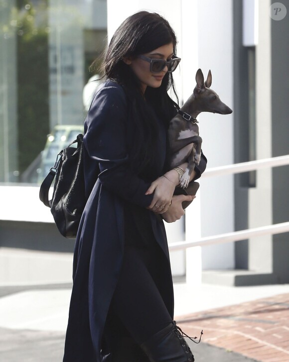 Kylie Jenner fait du shopping chez Fred Segal avec son chien Normie à West Hollywood, le 23 février 2015. 