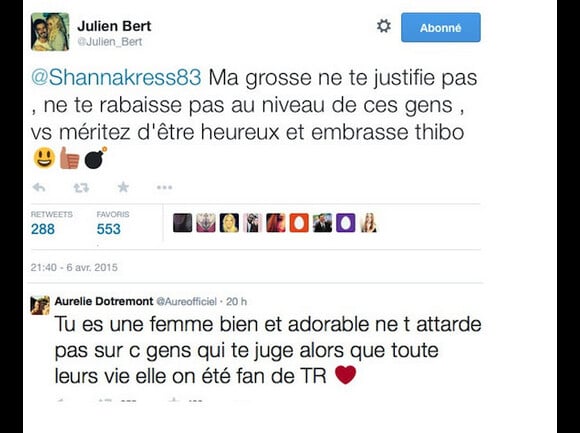 Julien Bert et Aurélie Dotremont ont réagi à la vidéo de Shanna dans laquelle elle s'explique sur sa sextape et règle ses comptes avec Jessica. Avril 2015.
