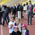 La princesse Charlène de Monaco lors de la 5e édition du "Tournoi Sainte-Dévote" organisé par la Fondation Princesse Charlène de Monaco et la Fédération Monégasque de Rugby au Stade Louis II à Monaco, le samedi 11 avril 2015.